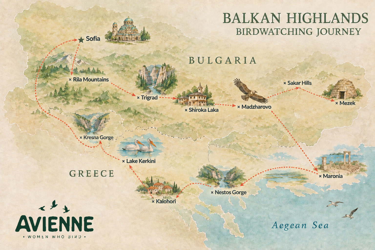 Illustrated map of the Balkan Highlands birdwatching route from Sofia through the Rila Mountains and the Rhodopes to the Thracian Lagoons and Lake Kerkini, and back to Sofia.