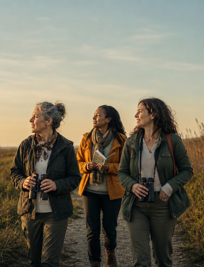 Three women walking a field path at sunset with binoculars
